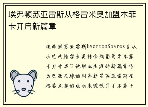 埃弗顿苏亚雷斯从格雷米奥加盟本菲卡开启新篇章 埃弗顿苏亚雷斯从格雷米奥加盟本菲卡开启新篇章